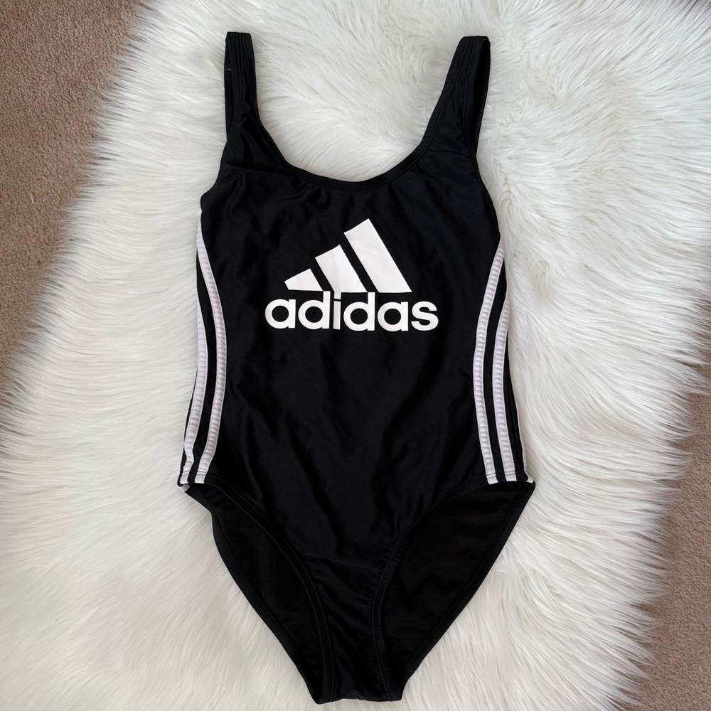 Adidas One Piece Front Logo Three Stripe Black Swimsuit Small - Picture 2 of 6